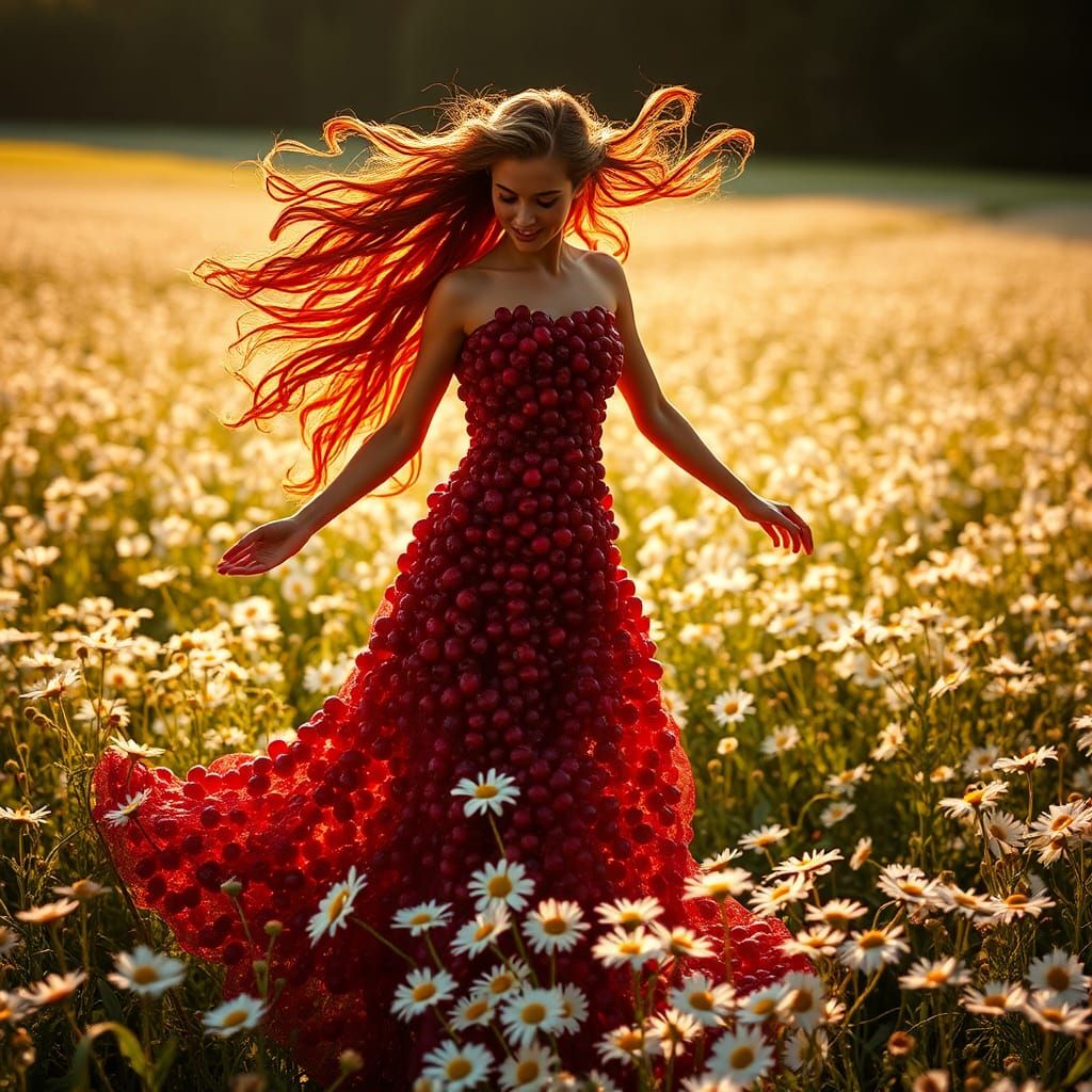 Cranberry Woman Dancing in Daisy Field