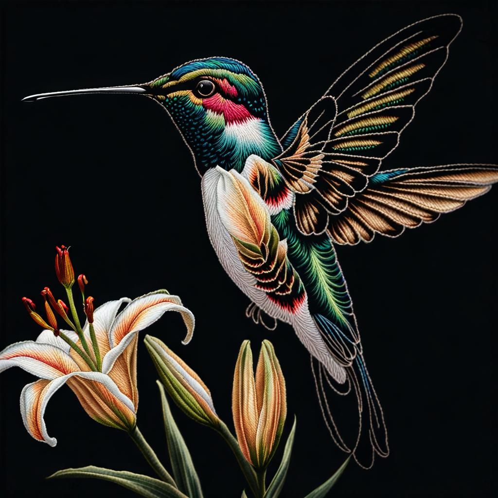 Embroidered Hummingbird on Lily in Cosmic Embroidery Style