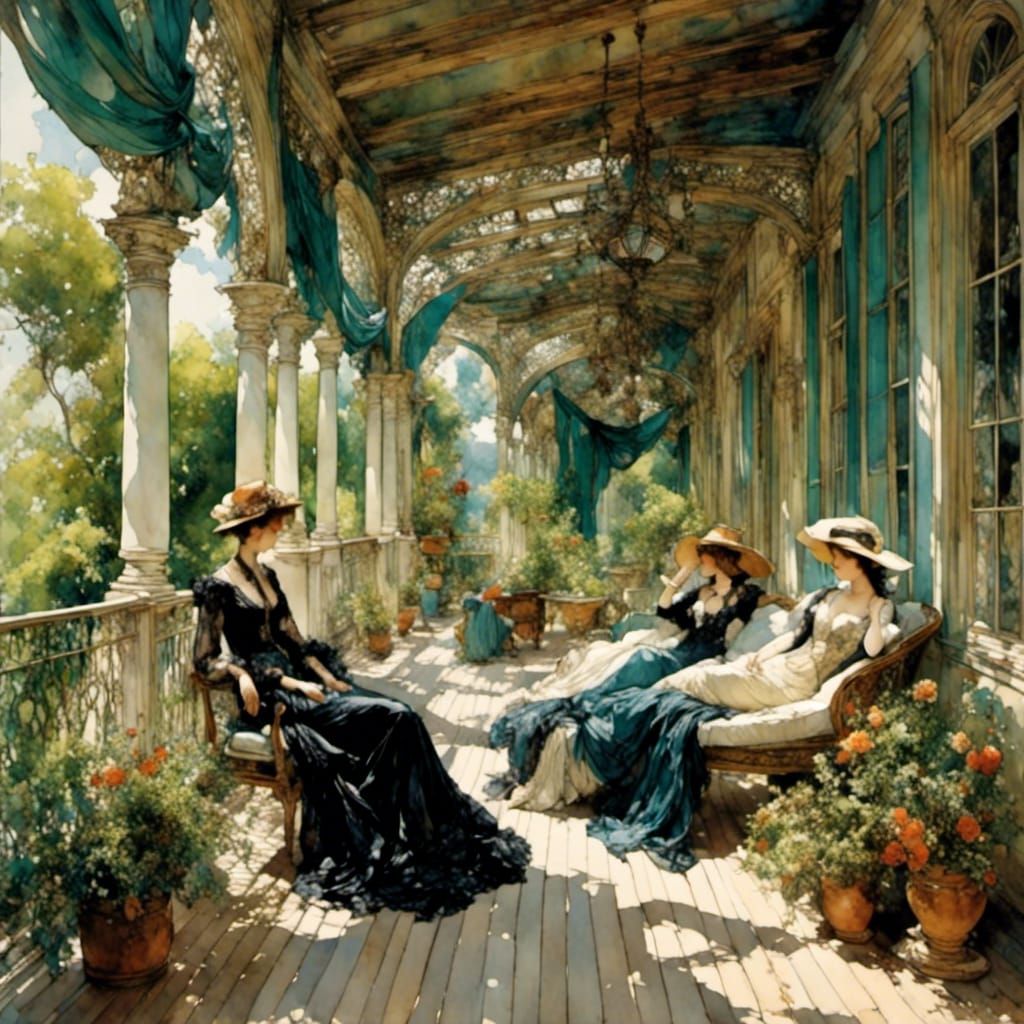 Southern Gothic Veranda Scene in Watercolor Style