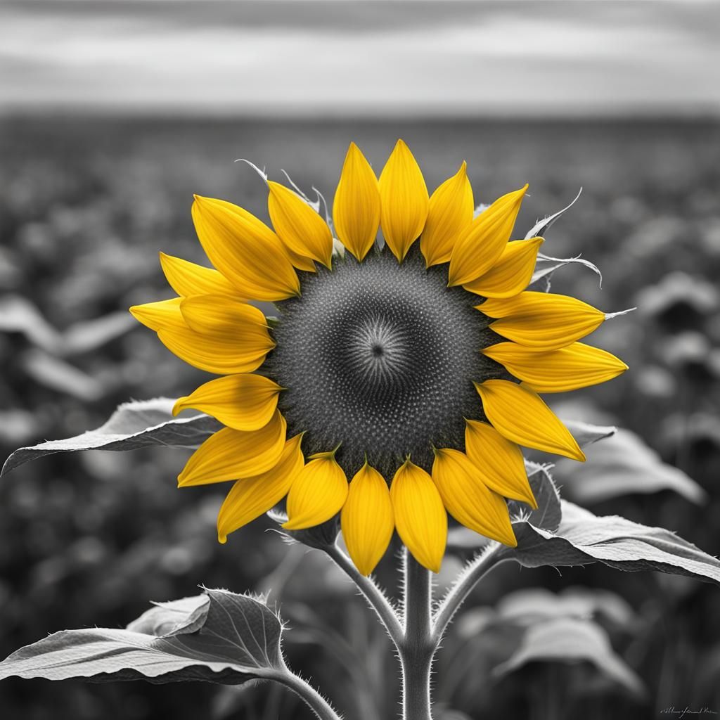 16k resolution, art by Claude Monet, Georgia O'Keeffe. Single bright yellow sunflower in a field of grayscale flowers, i...