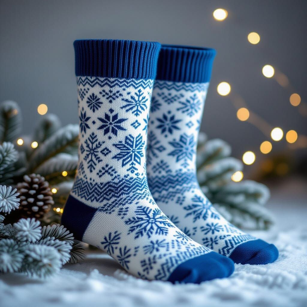 Hand-Knitted Nordic Socks with Snowflake Pattern, Photoreali...