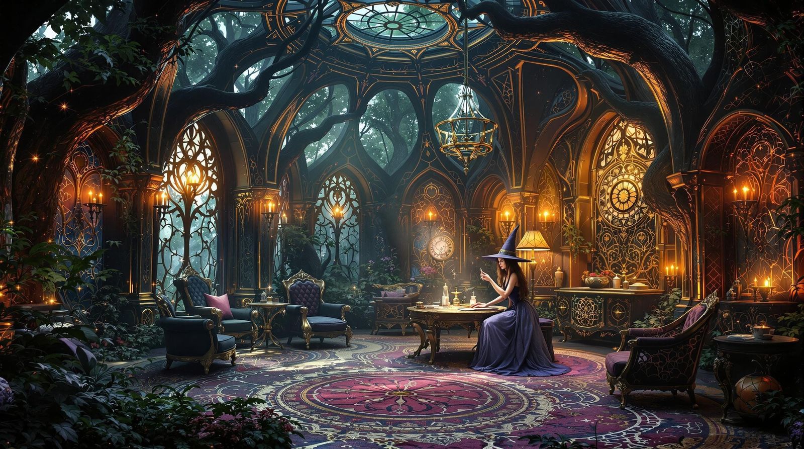 Enchanted Art Deco Witch's Sanctum in Ancient Forest