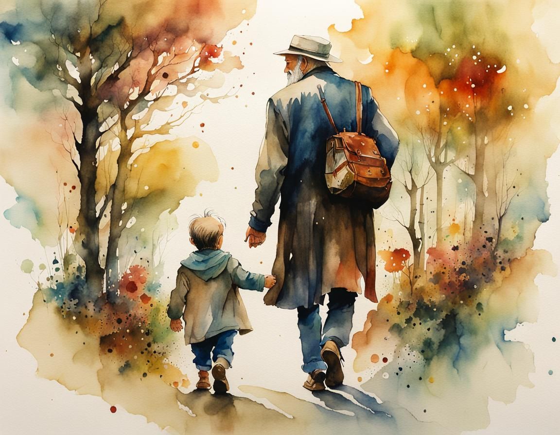 Magical Storybook Scene of Old Man and Toddler