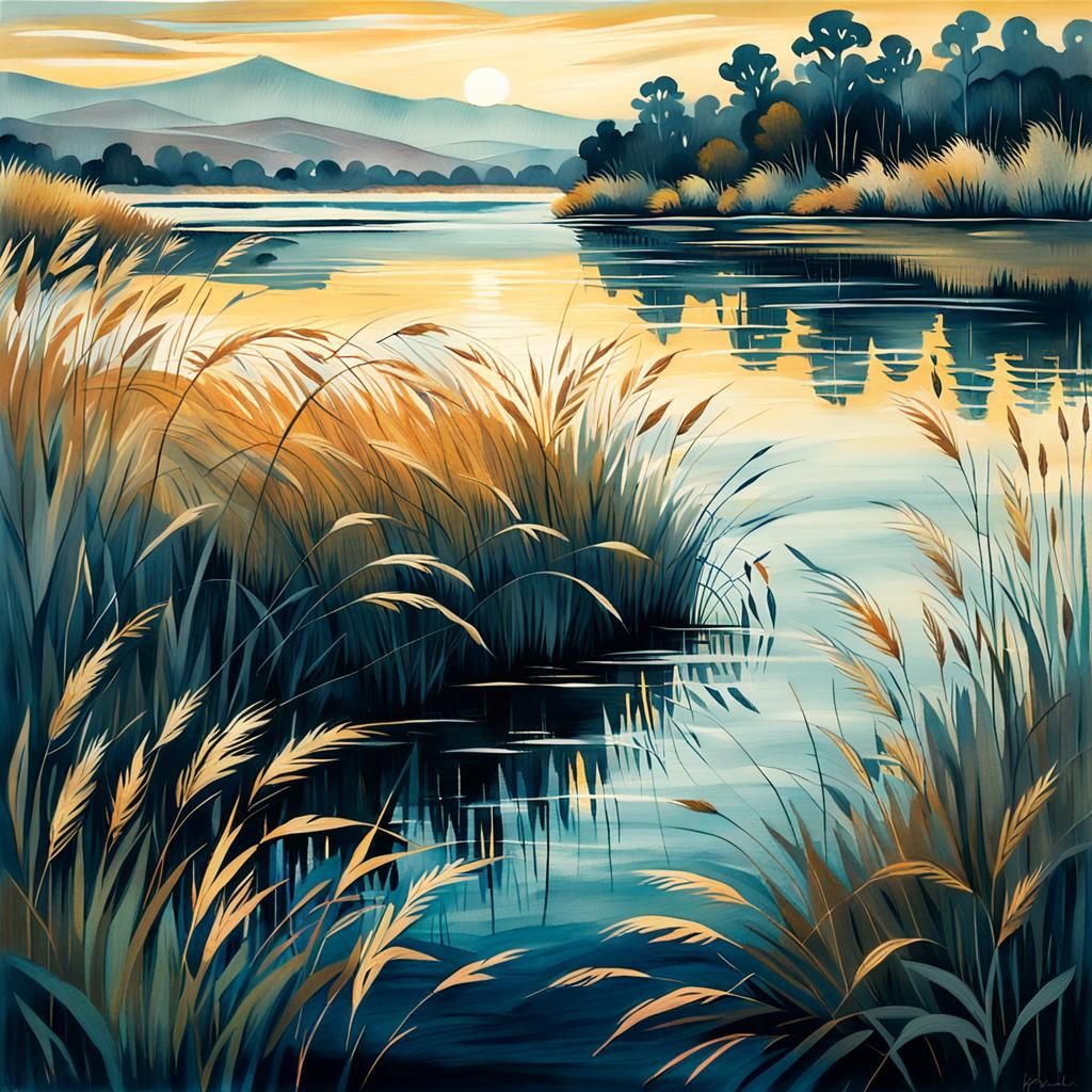 Impressionist Lake at Dusk in Dreamy Monotype Style