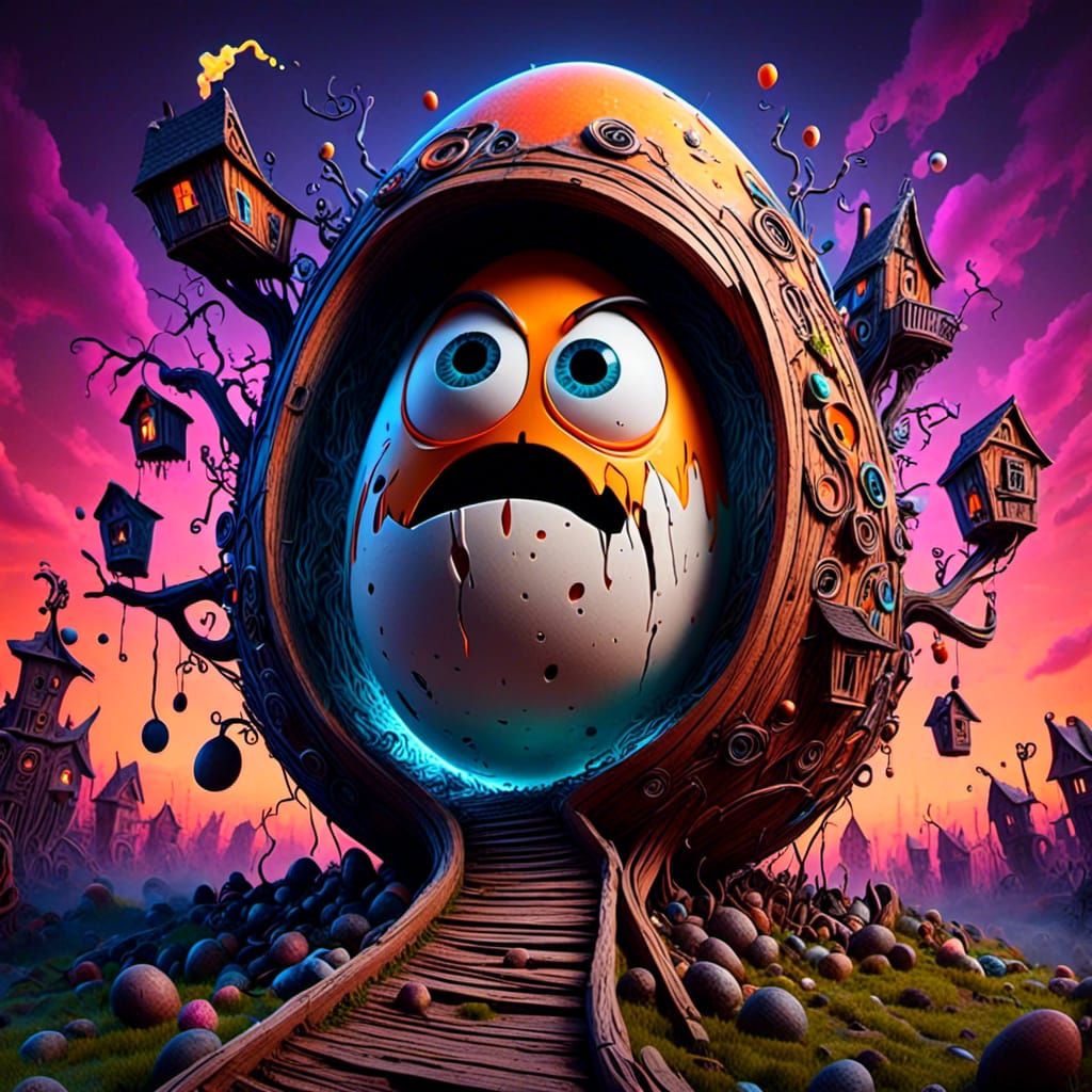 Screaming Anthropomorphic Egg in Maximalist Style
