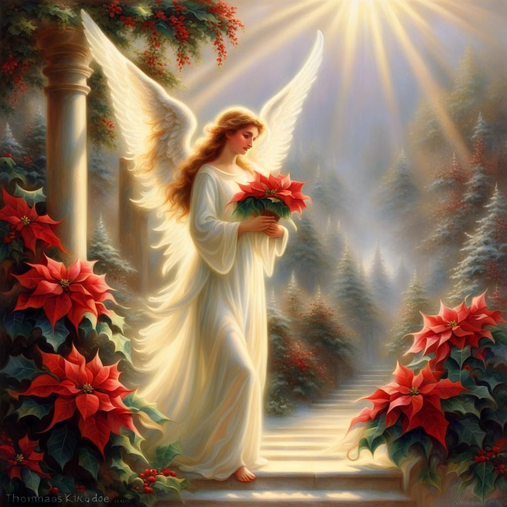 Ethereal Angel with Poinsettias in Sunlight