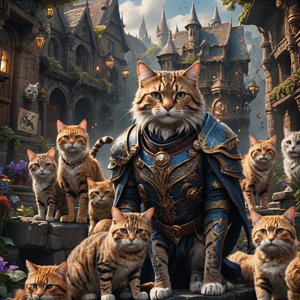 Detailed Matte Painting of Man with Cats