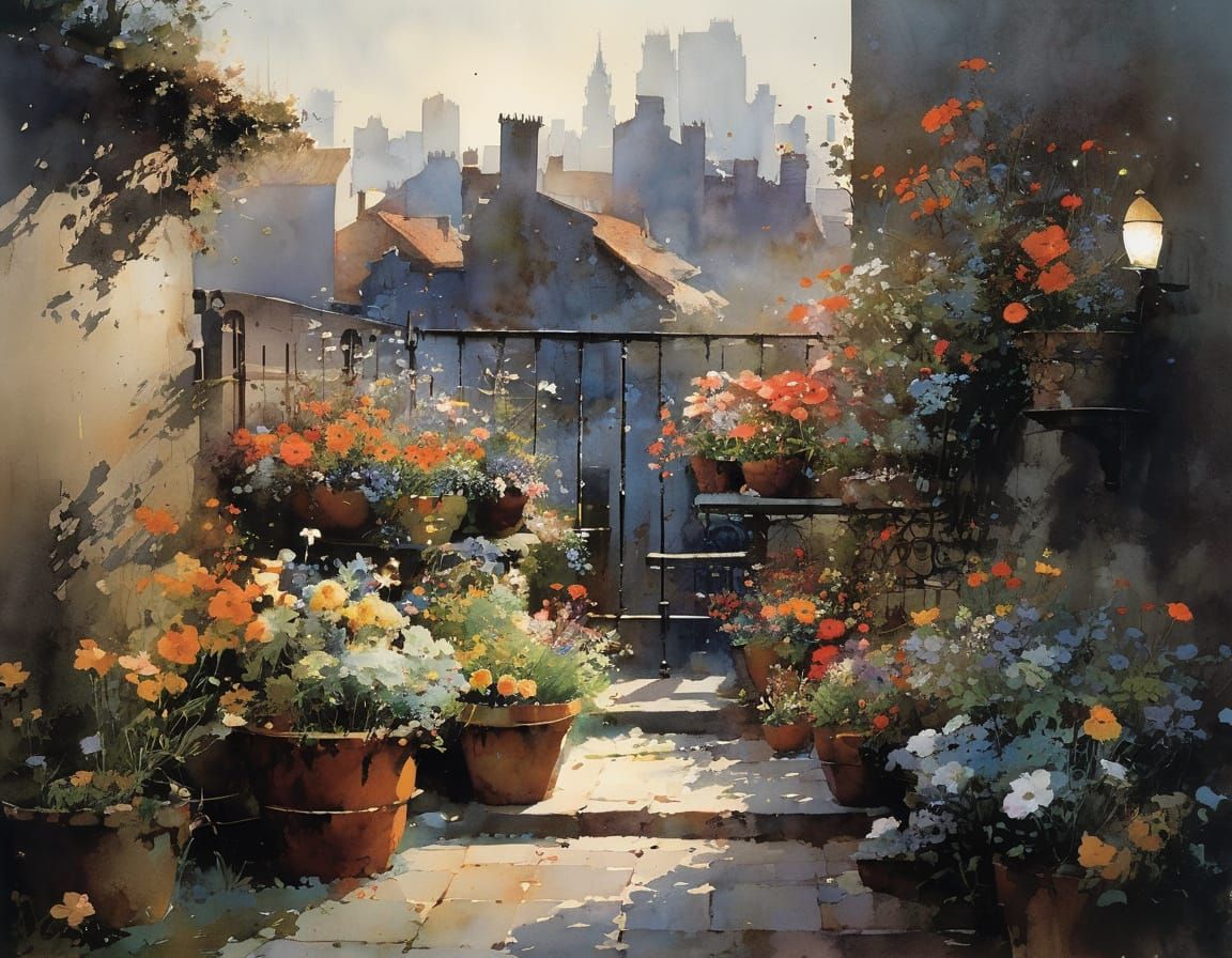 Girl Overjoyed by Blooming Flowers in Dark City Backyard