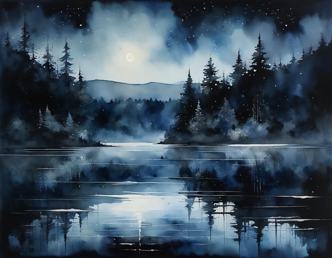 Starlight on Dark Lake: Moody Watercolor Painting
