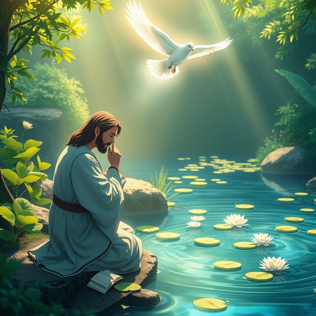 Jesus in Serene Contemplation with Holy Spirit Dove