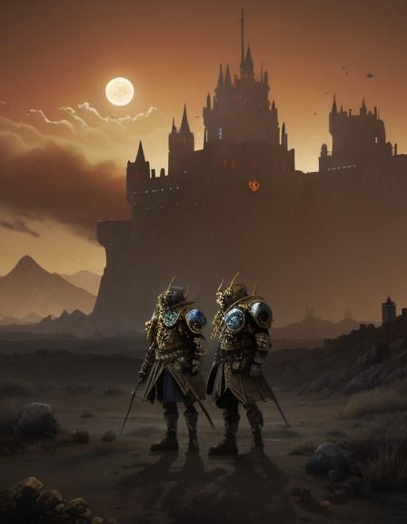 Surreal Skulls and Soldiers Landscape in Gouache