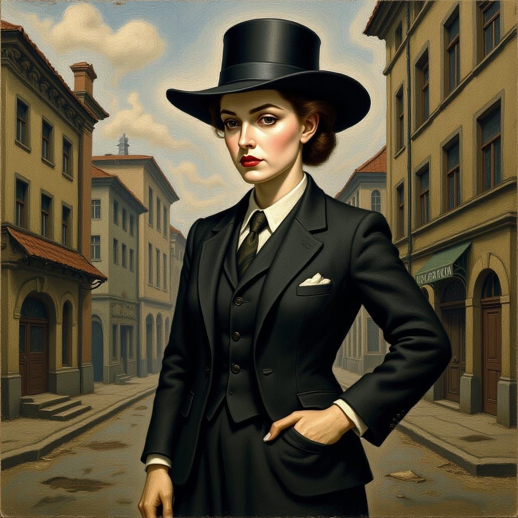 Woman in Distressed Cityscape Gouache Painting