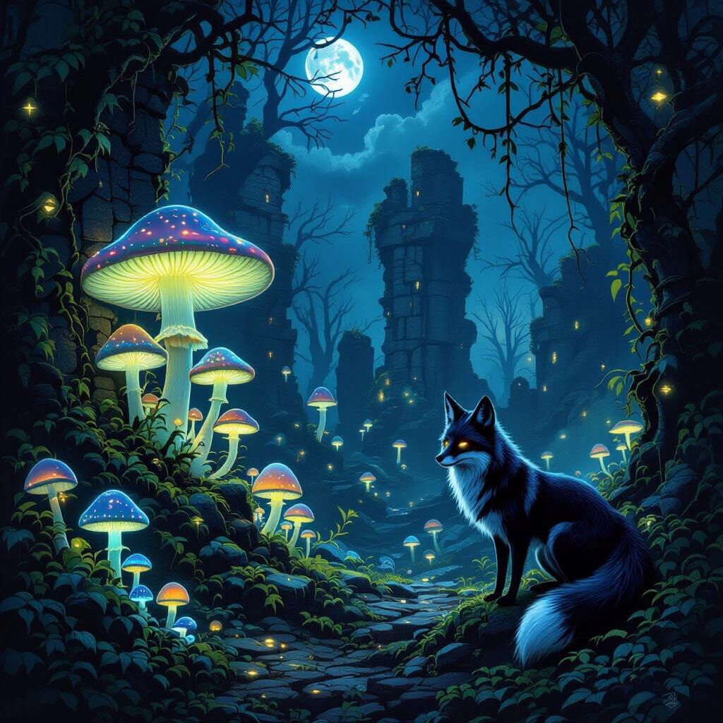 Enchanted Midnight Forest Clearing with Spectral Fox