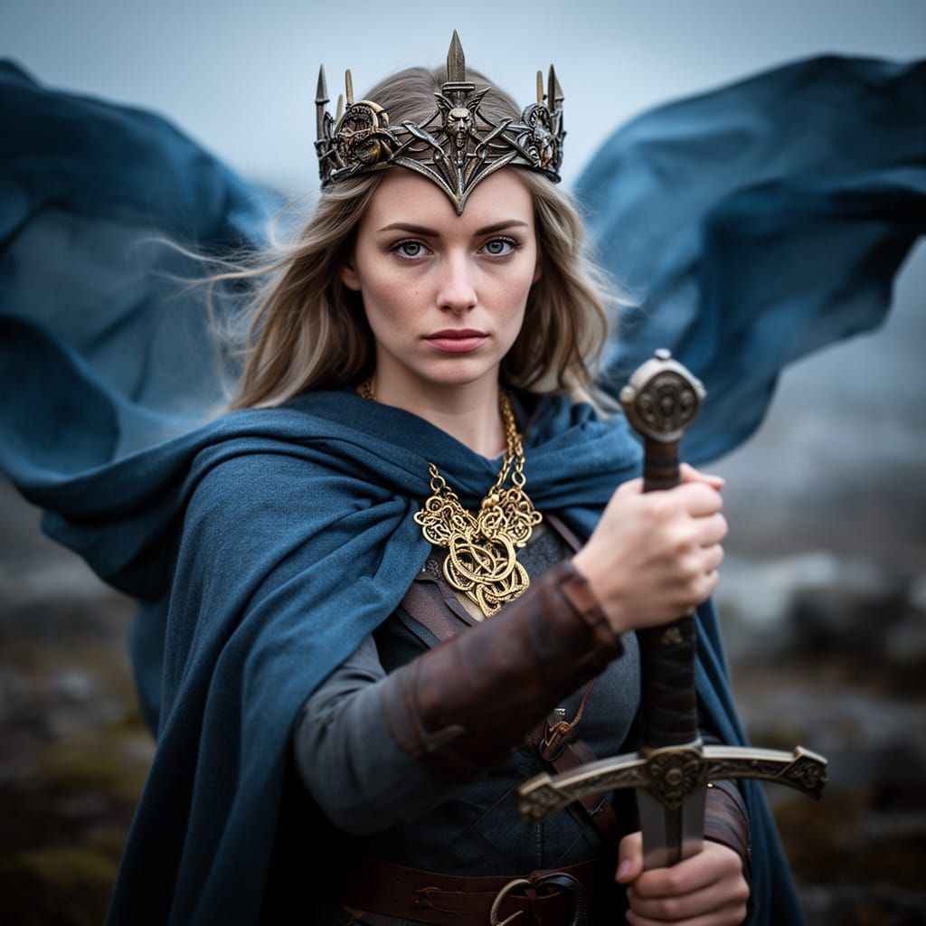 Nordic Warrior Princess in Blue Cloak with Gold Necklace