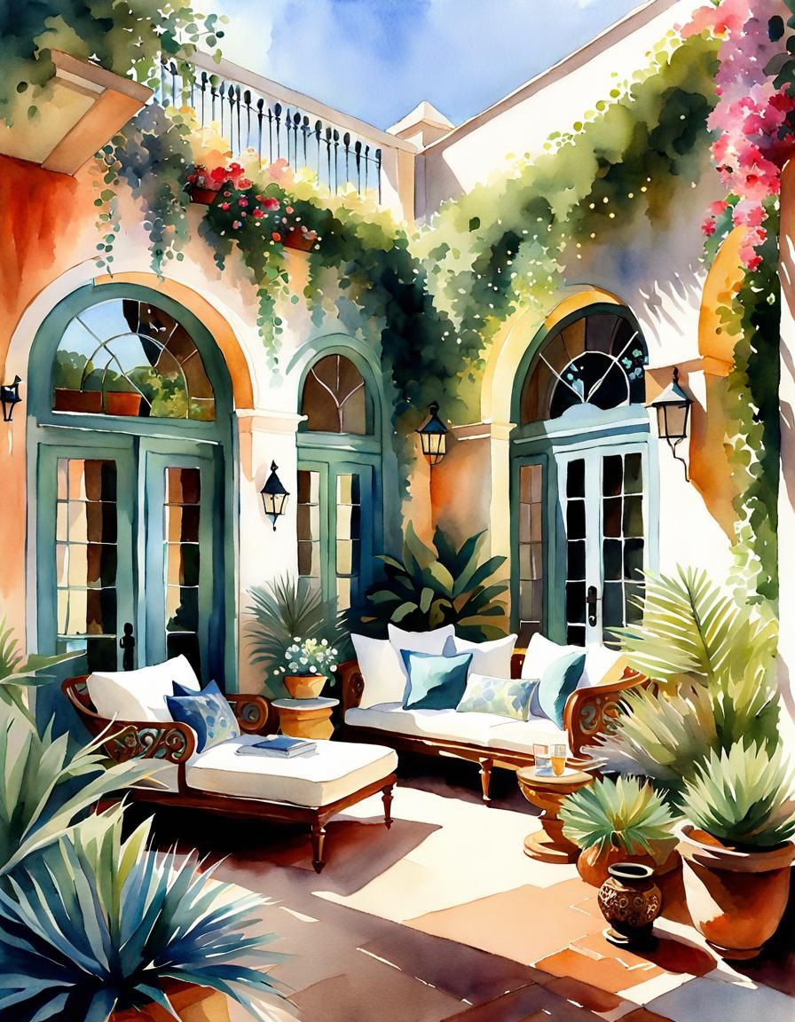 Hyperdetailed Watercolor Villa with Cozy Outdoor Seating