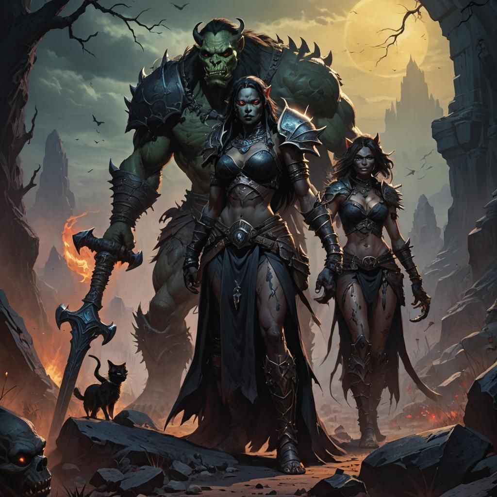 Orc Warlock and Grave Titan in Dark Fantasy Art