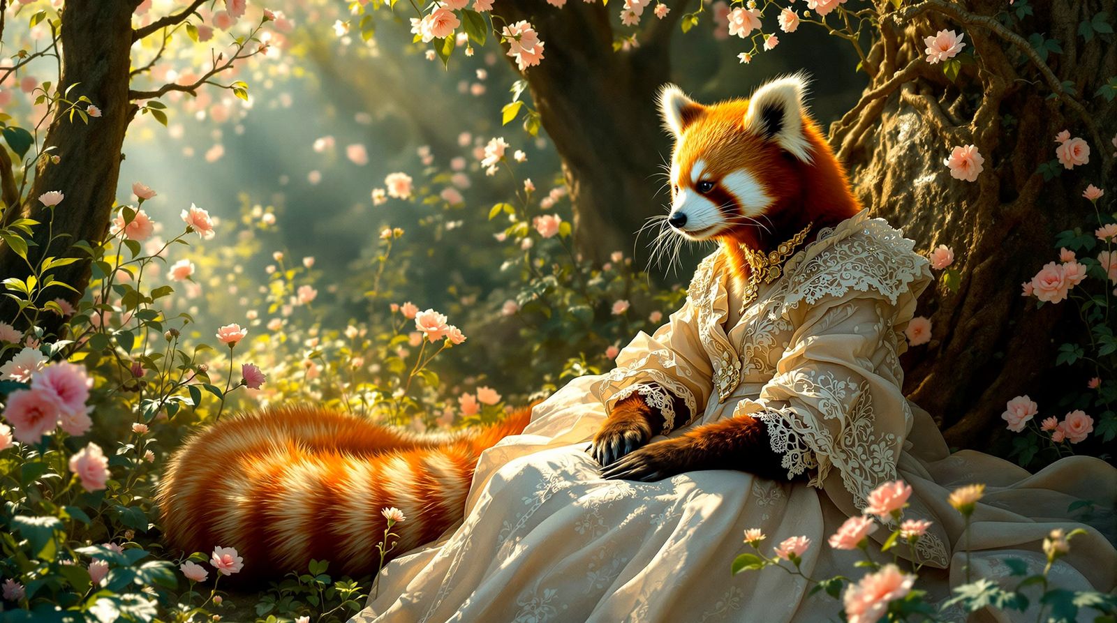 Regal Red Panda in Floral Attire, Pre-Raphaelite Style