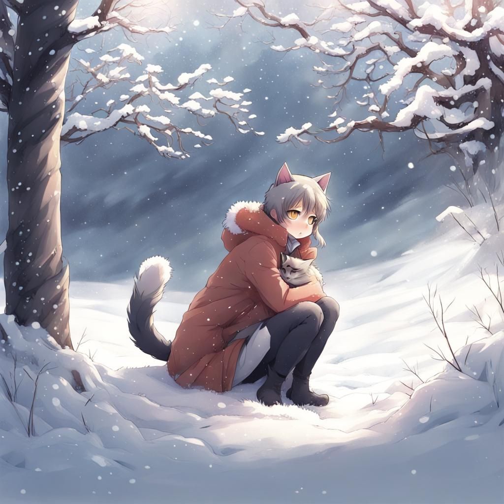 Cat and Human in Snow, Anime Style