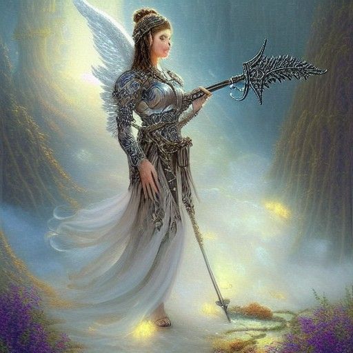 Beautiful Armored Angel with Spear in Digital Painting