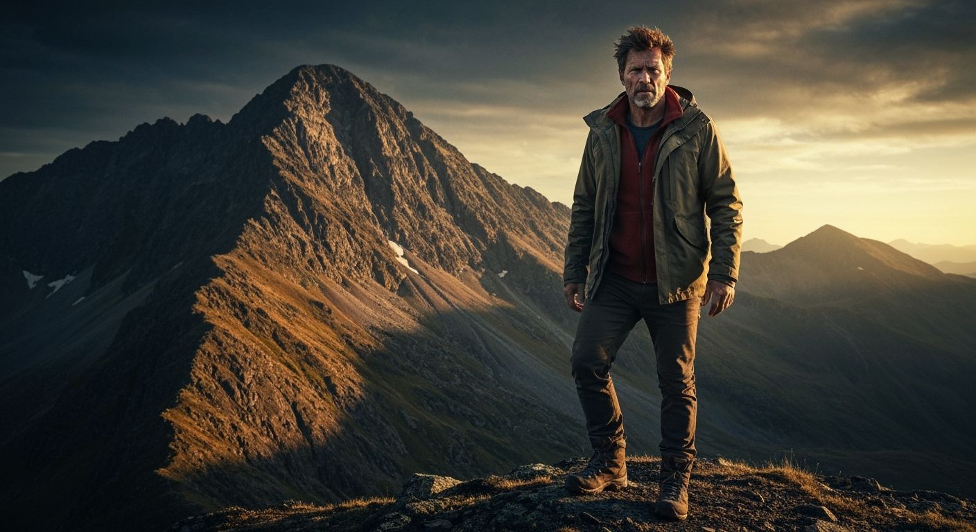 Heroic Figure on Mountain in Dramatic Cinematic Photography