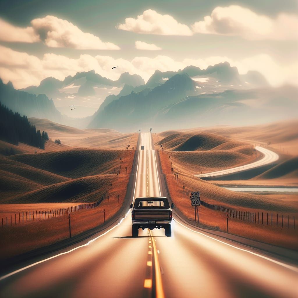 Solitary Car on Wyoming Highway with Bokeh