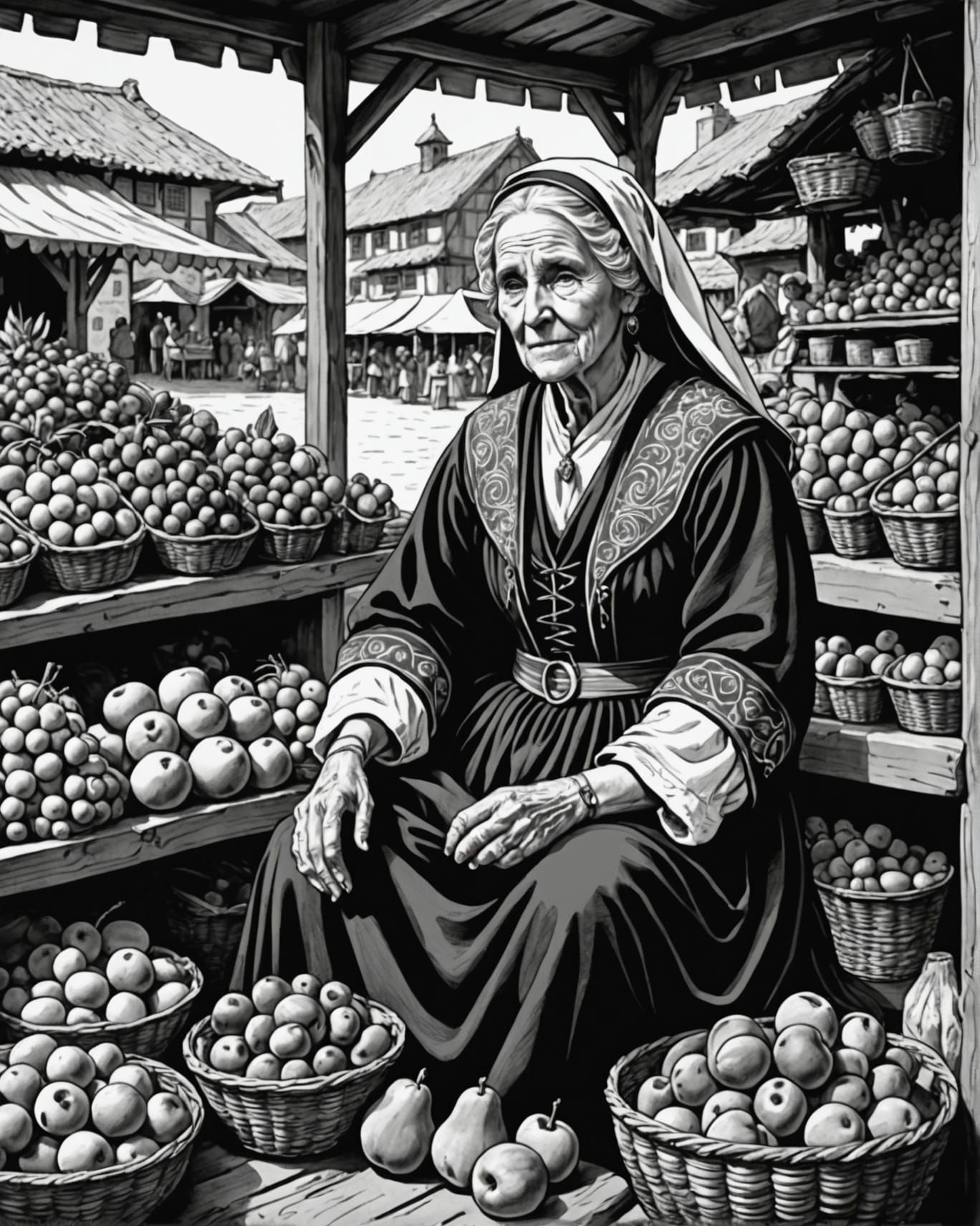 Medieval Woman Selling Fruit: Anime Ink Illustration