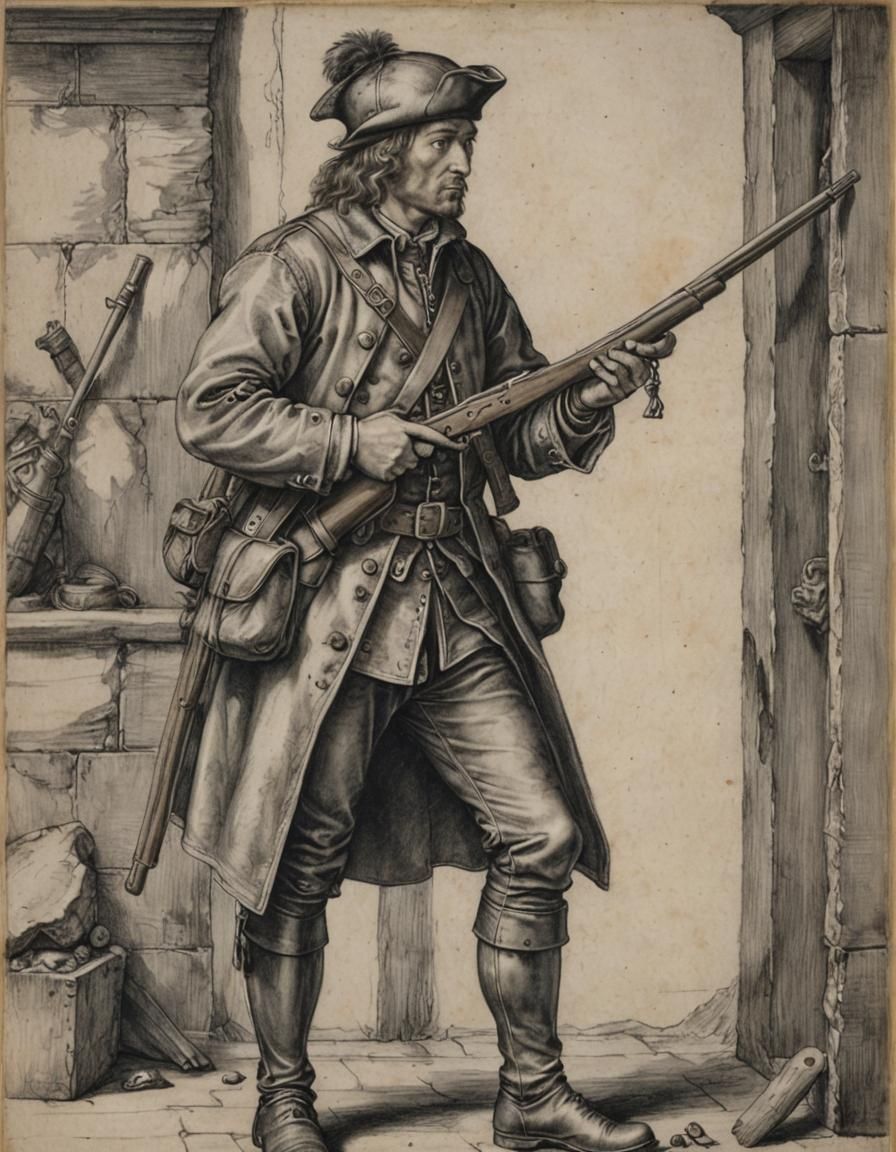 English Civil War Soldier, Charcoal Drawing in Durer Style