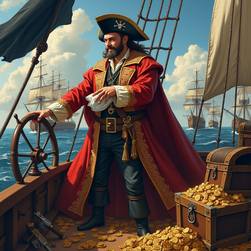 Pirate Captain Surveying Captured Fleet