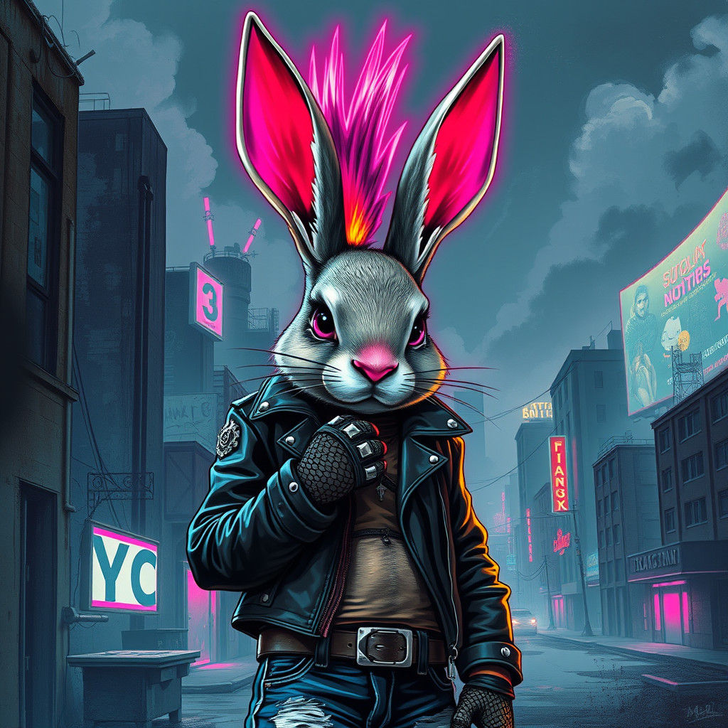 Punk Rabbit in Dystopian Cityscape, Neon Art