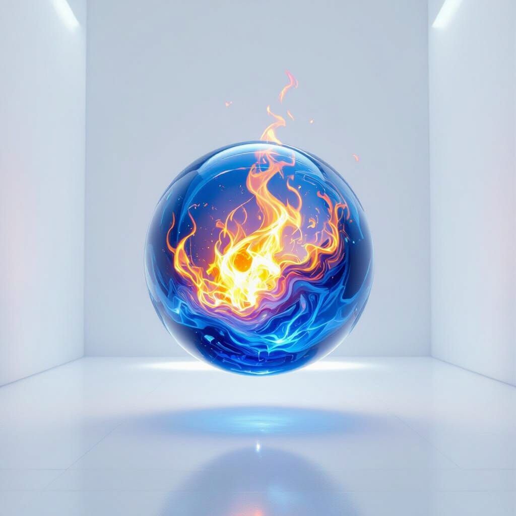 Glowing Blue Orb with Flames in Minimalist White Room