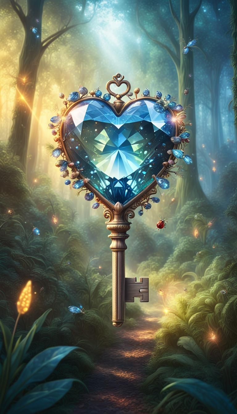 Diamond Heart Key in Enchanted Forest: Digital Painting