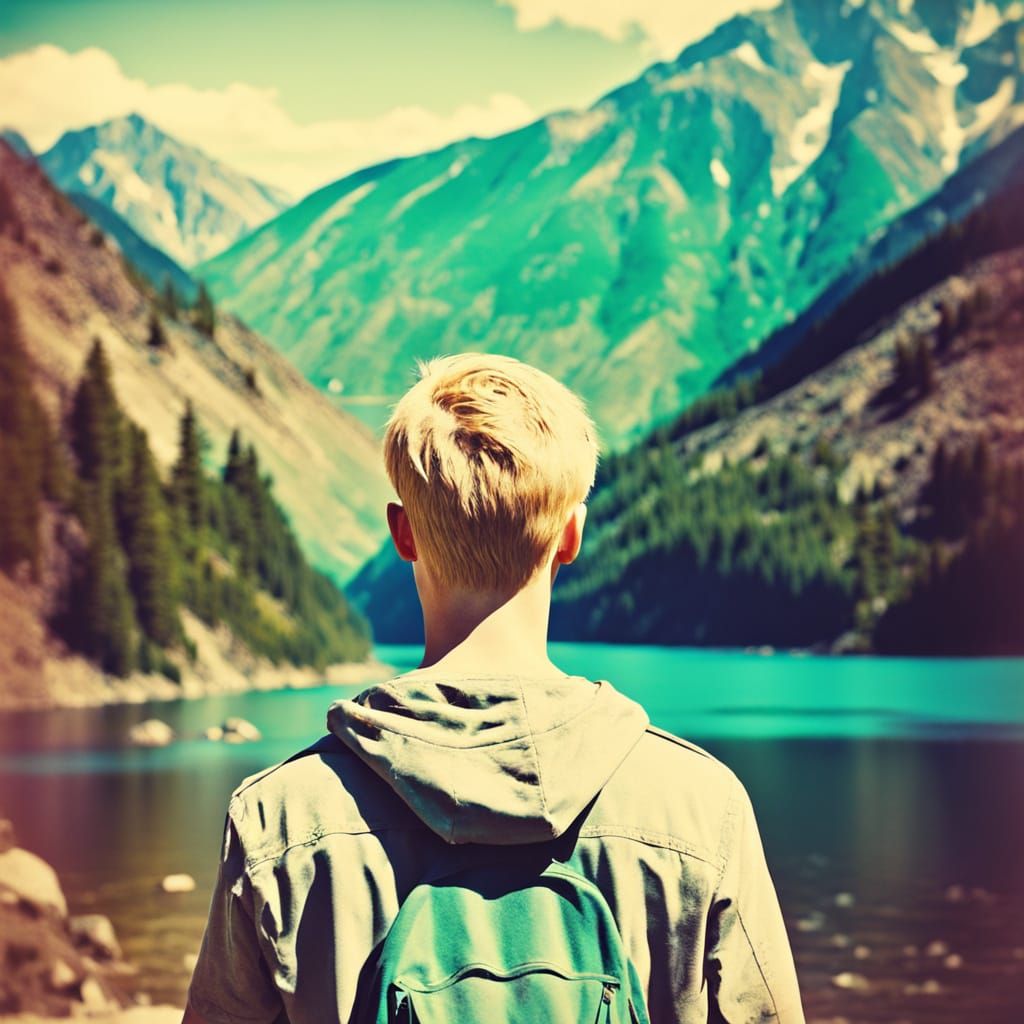 Boy by Mountain Lake in Vintage Photo Style
