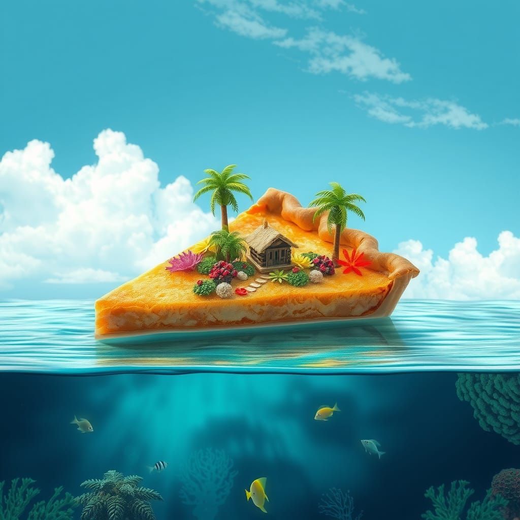 Tropical Island Pie Slice in Dreamlike Scene
