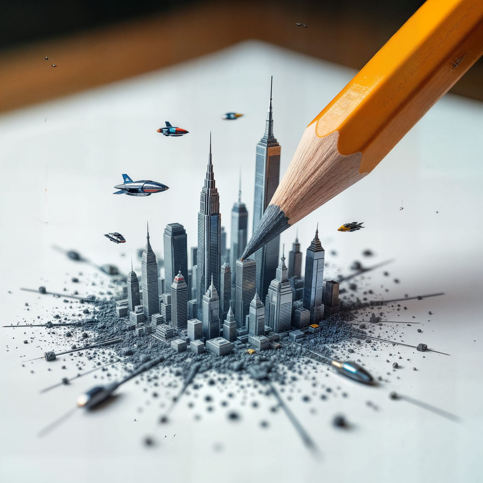 Pencil Dissolving Into Sci-Fi Cityscape Diorama