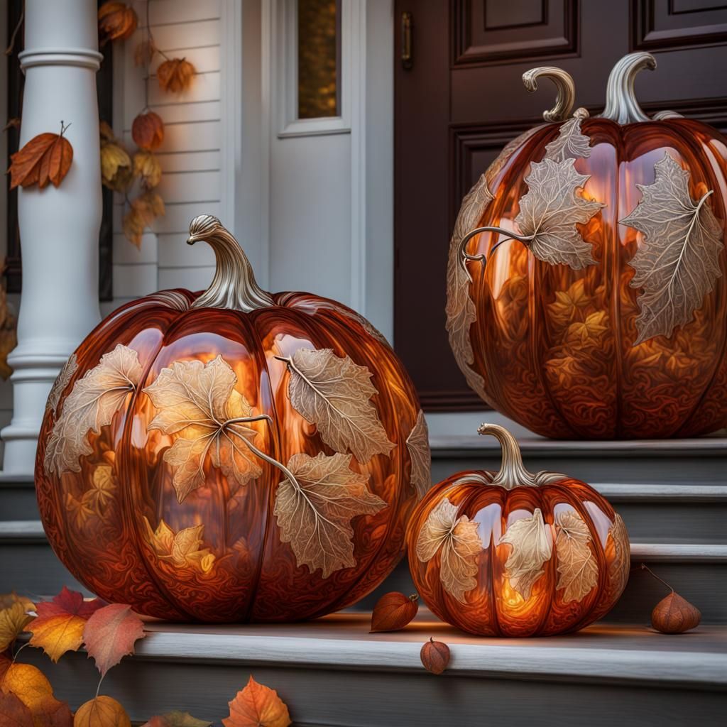 Ornate Glass Pumpkins on Autumn Porch in Digital Art