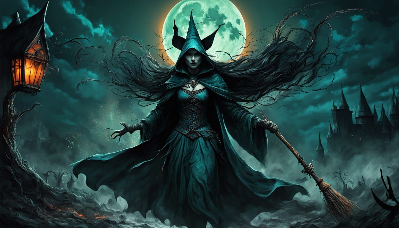 Gothic Witch Flying Through Dark Night Sky