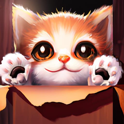 Chibi Kitten Peeks from Cardboard Box, Digital Art