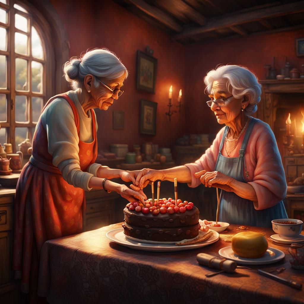 Cozy Kitchen Scene: Grandmother and Granddaughter