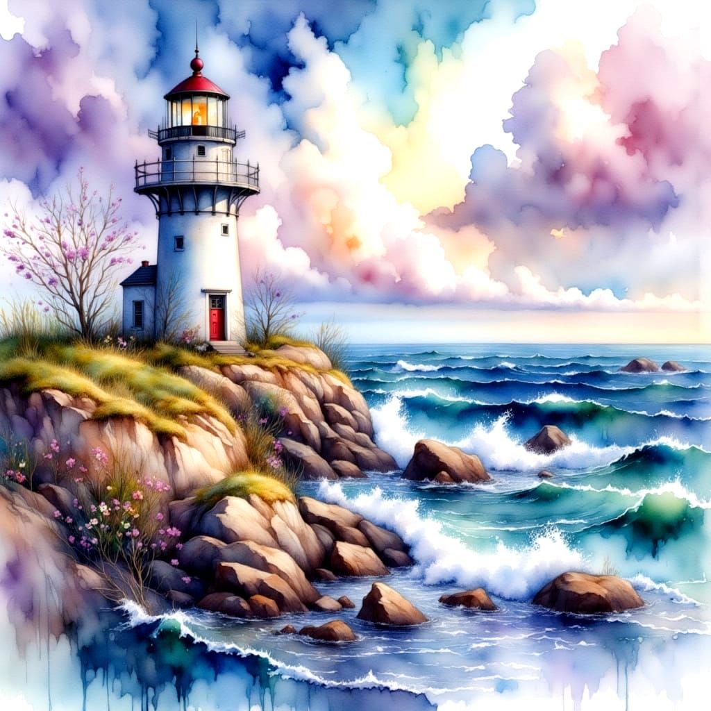 Faded Lighthouse Watercolor Painting on a Cliff