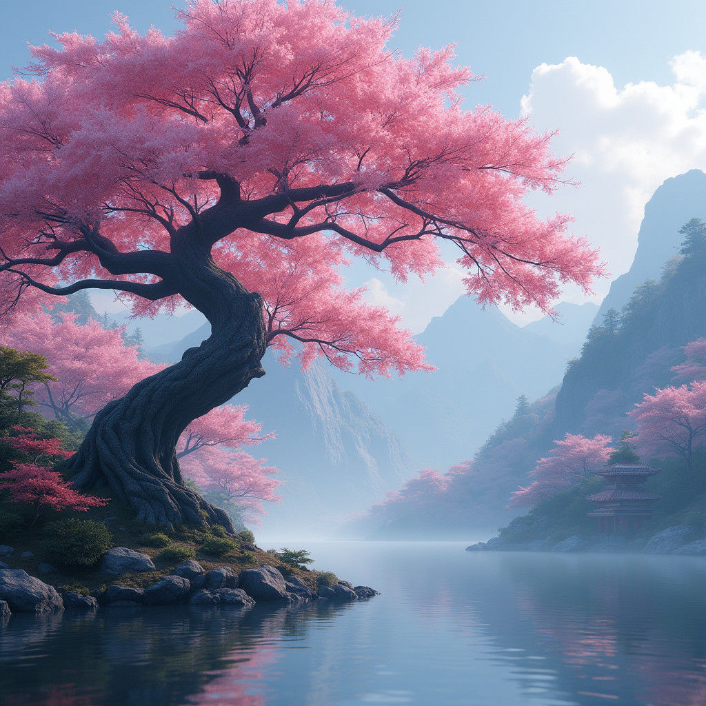 Majestic Sakura Tree Amidst Japanese Mountains and Temples