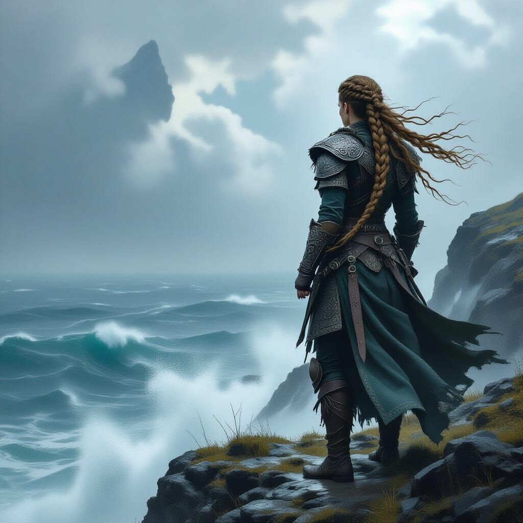 Viking Warrior Woman on Stormy Cliff