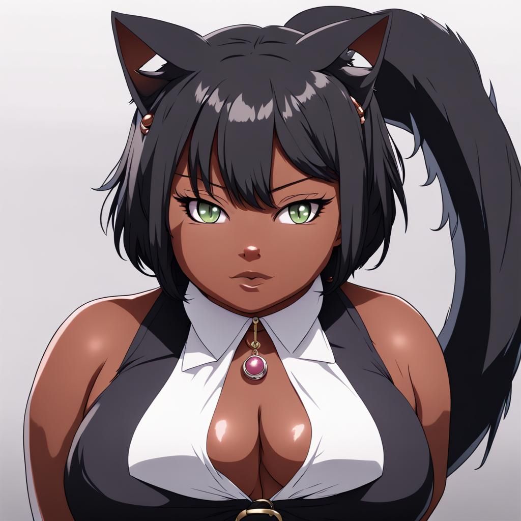 Ebony Plus-Size Cat Girl in Anime Style