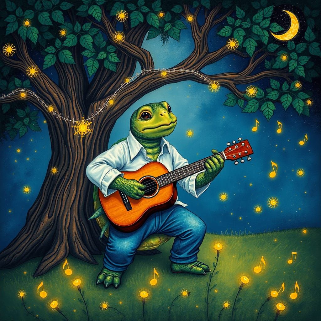 Turtle's Pointillist Serenade Under the Oak Tree