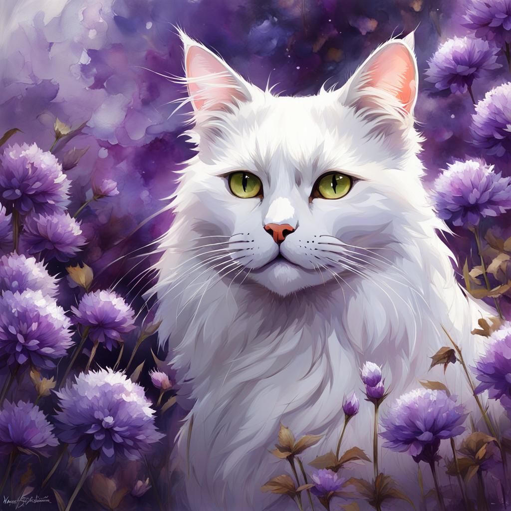 Adorable White Cat with Purple Flowers