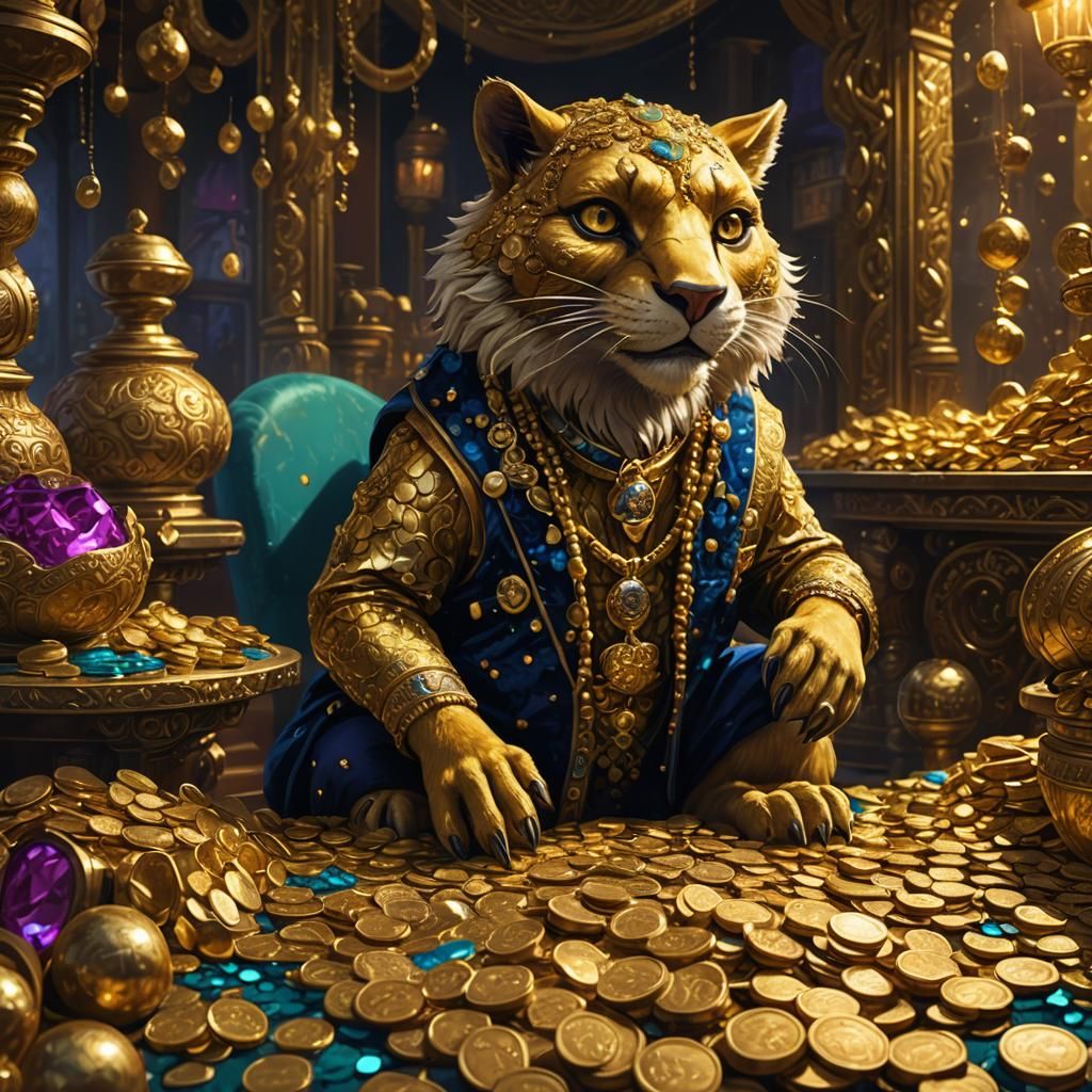 Greedy Anthropomorphic Animal Counting Gold Coins