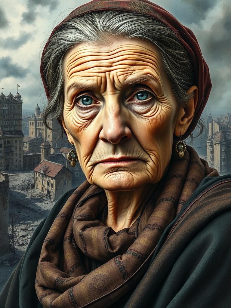 Resilient Ukrainian Woman in War-Torn Cityscape