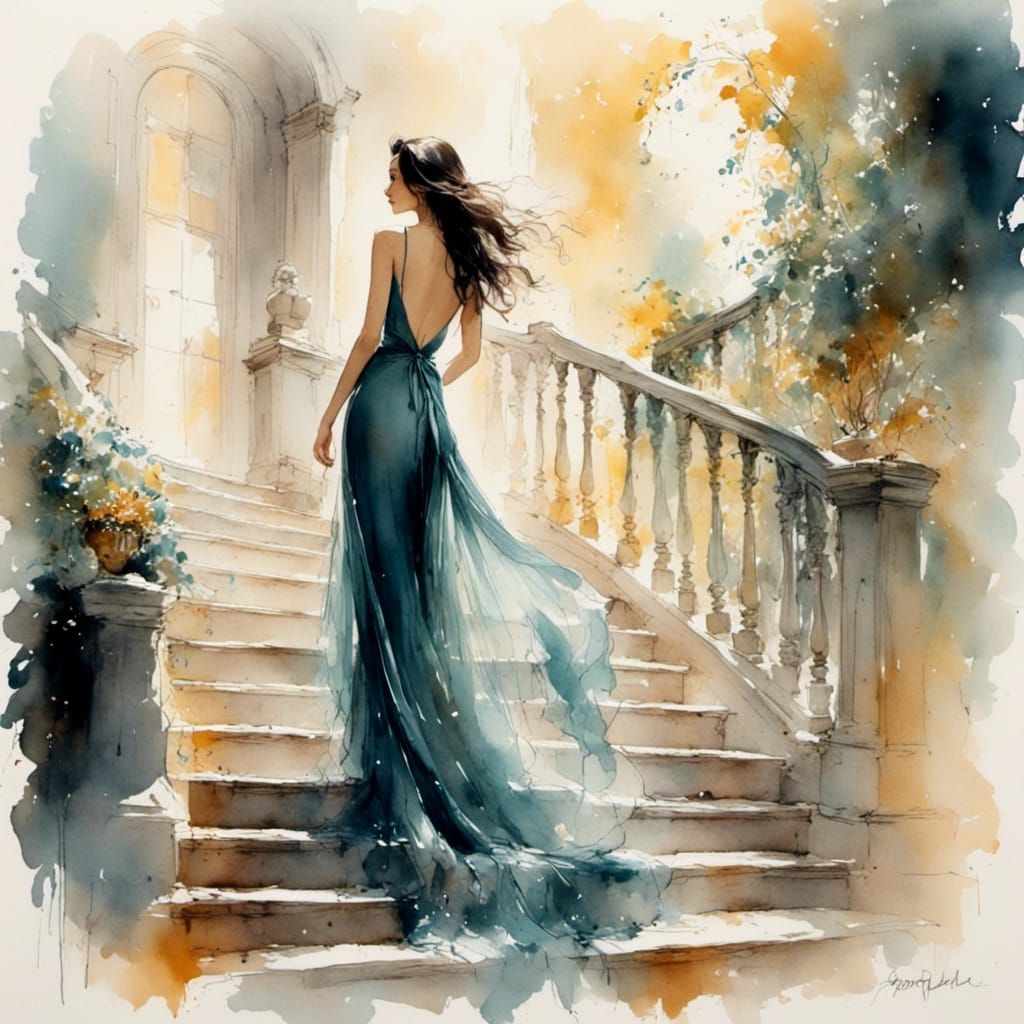 Radiant Woman Ascending Staircase in Impressionistic Waterco...