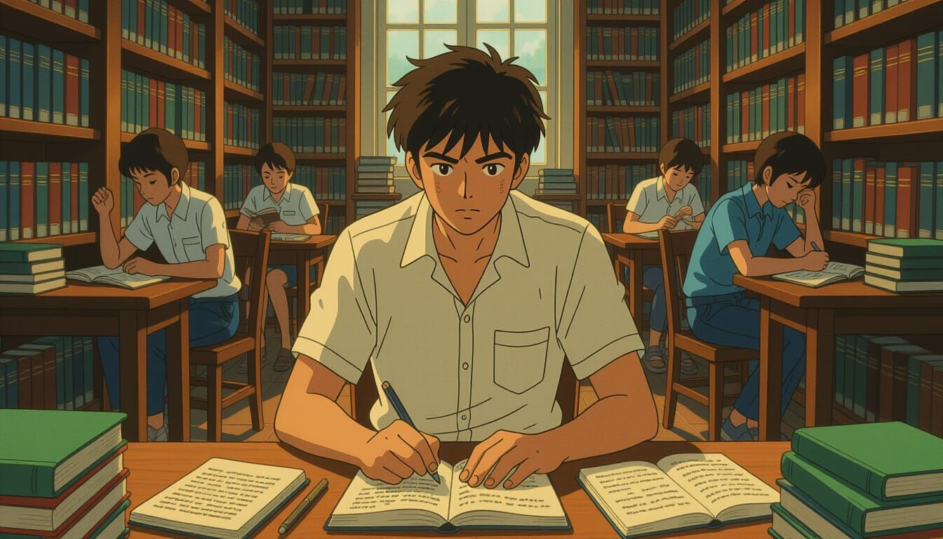 Determined Indian Teenager Studying Intensely in Library