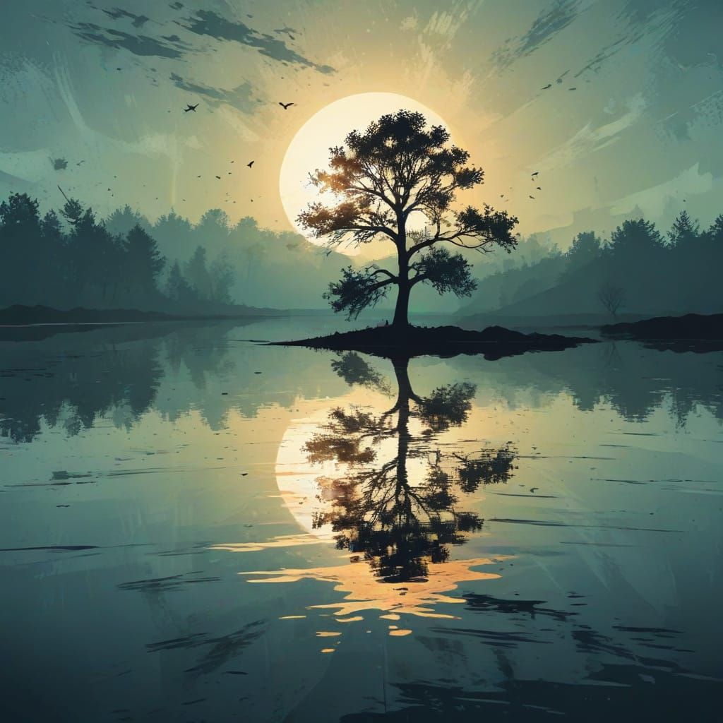 Serene Minimalist Landscape with Lone Tree and Reflected Bir...