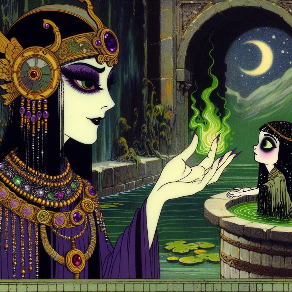 Sorceress at Hot Spring in Vintage Cartoon Style